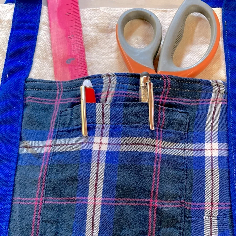 Canvas Tote Book Bag Plaid Double Pocket Shoulder Straps 14.5 x 13 x 5 inches